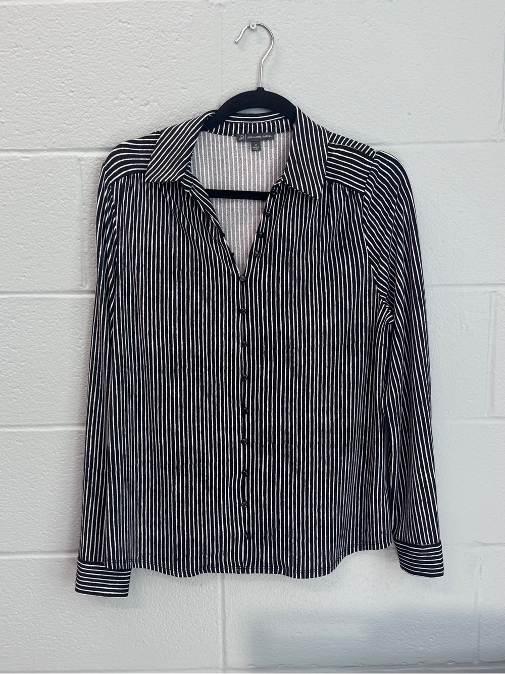 Adrianna Papell Black & White Striped Collared Blouse